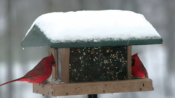 two Northern Cardinals sit on a Birds Choice hopper feeder