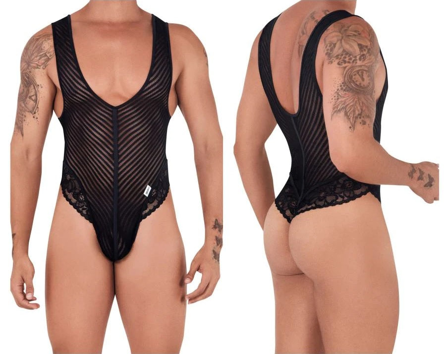 CandyMan 99522 Lace-Mesh Bodysuit Thong Black Mens Lingerie Spangla