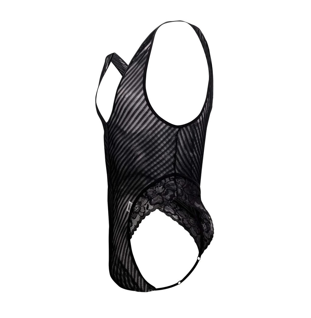 CandyMan 99522 Lace-Mesh Bodysuit Thong Black Mens Lingerie Spangla