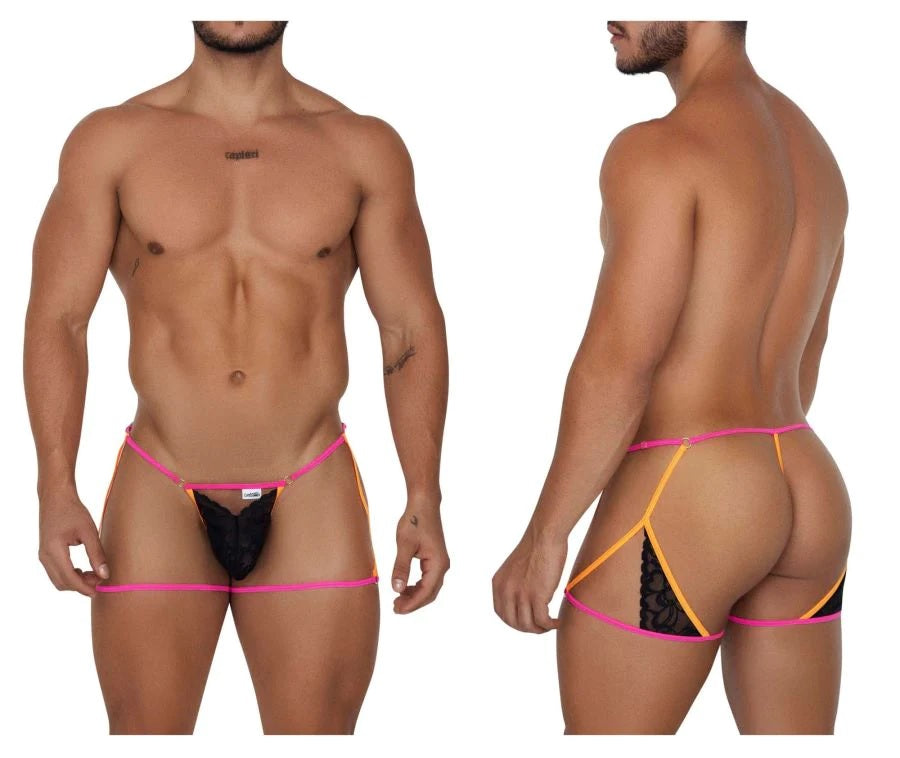 CandyMan 99678 Garter Thongs Neon Black Mens Lingerie Spangla