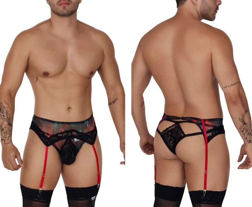 CandyMan 99688 Garter Thongs Two Piece Set Black Mens Lingerie Spangla