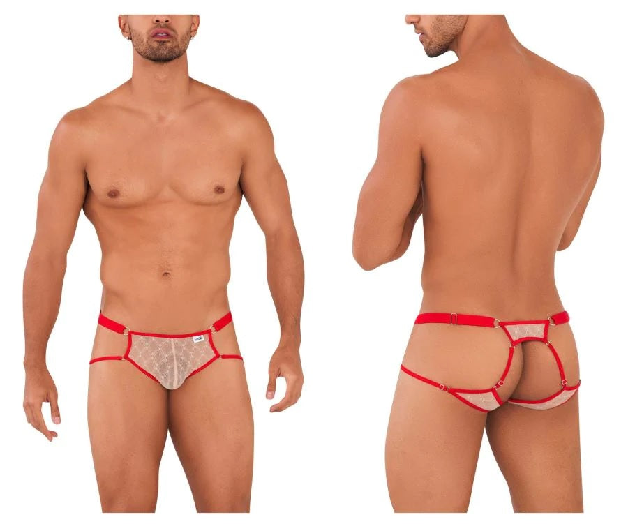 CandyMan 99730 Lace Jockstrap Beige-Red Mens Underwear Spangla