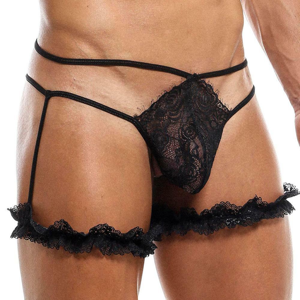 Secret Male Mens Lace G string with Garters Black Lingerie Spangla