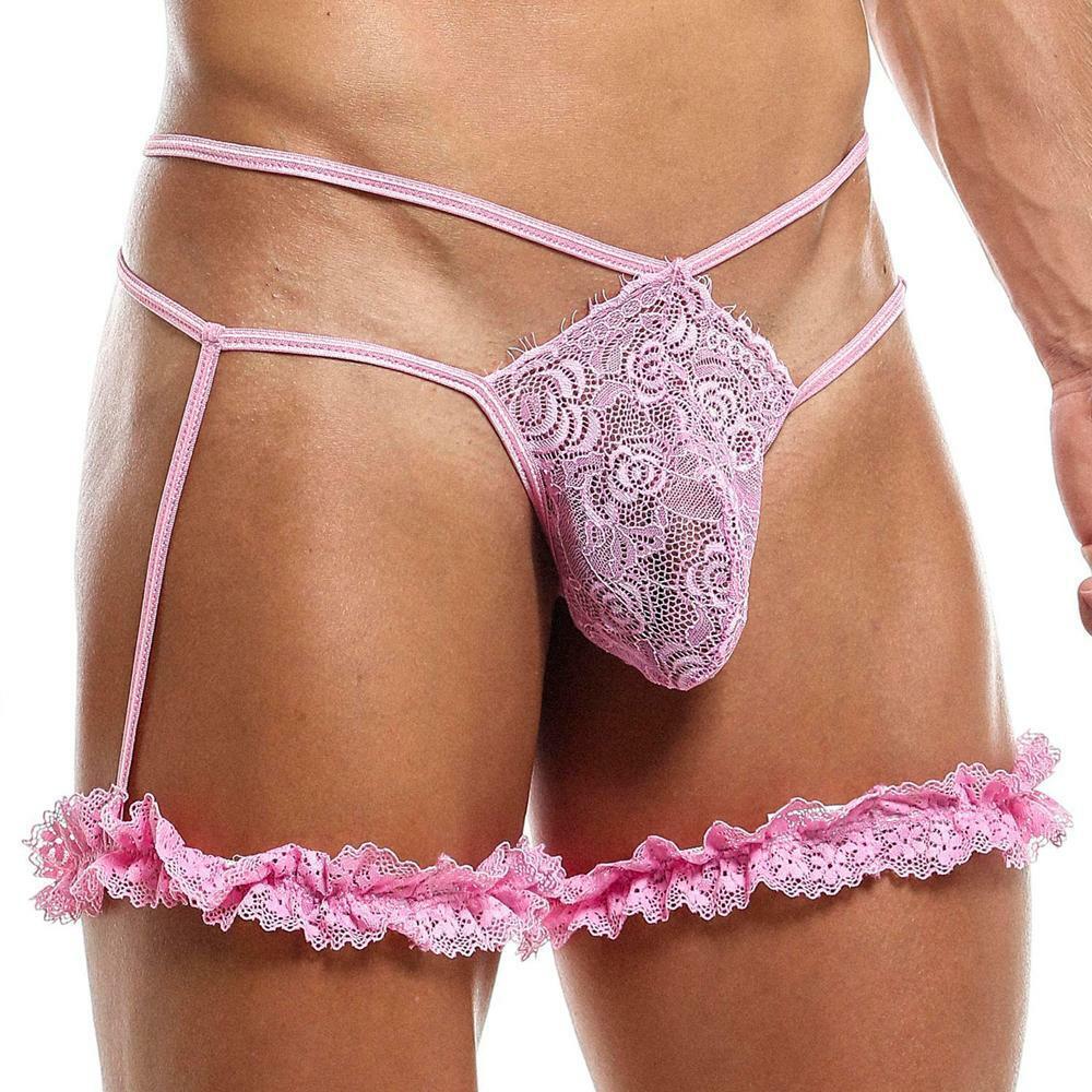 Secret Male Mens Lace G string with Garters Pink Lingerie Spangla