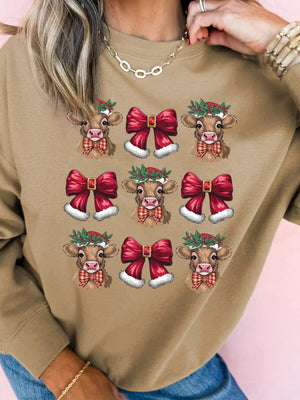 Christmas Heifer Bow Knot Print Casual Sweatshirt - Aga kids and womens clothing 