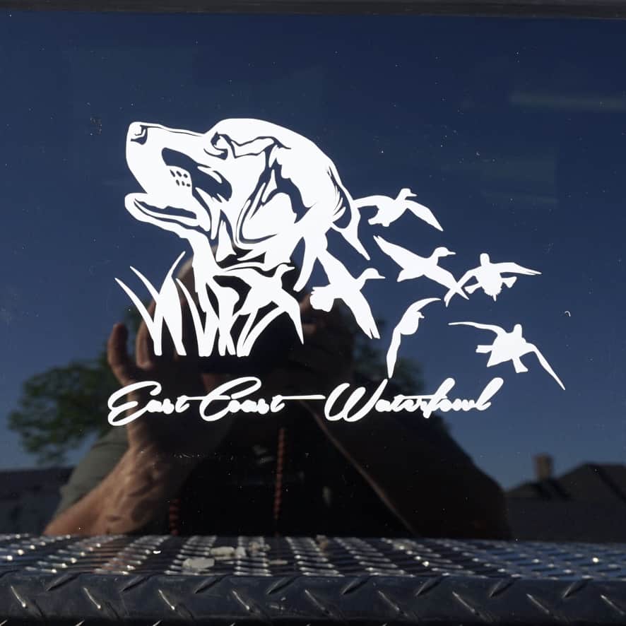 Example of decal with bird dog and text