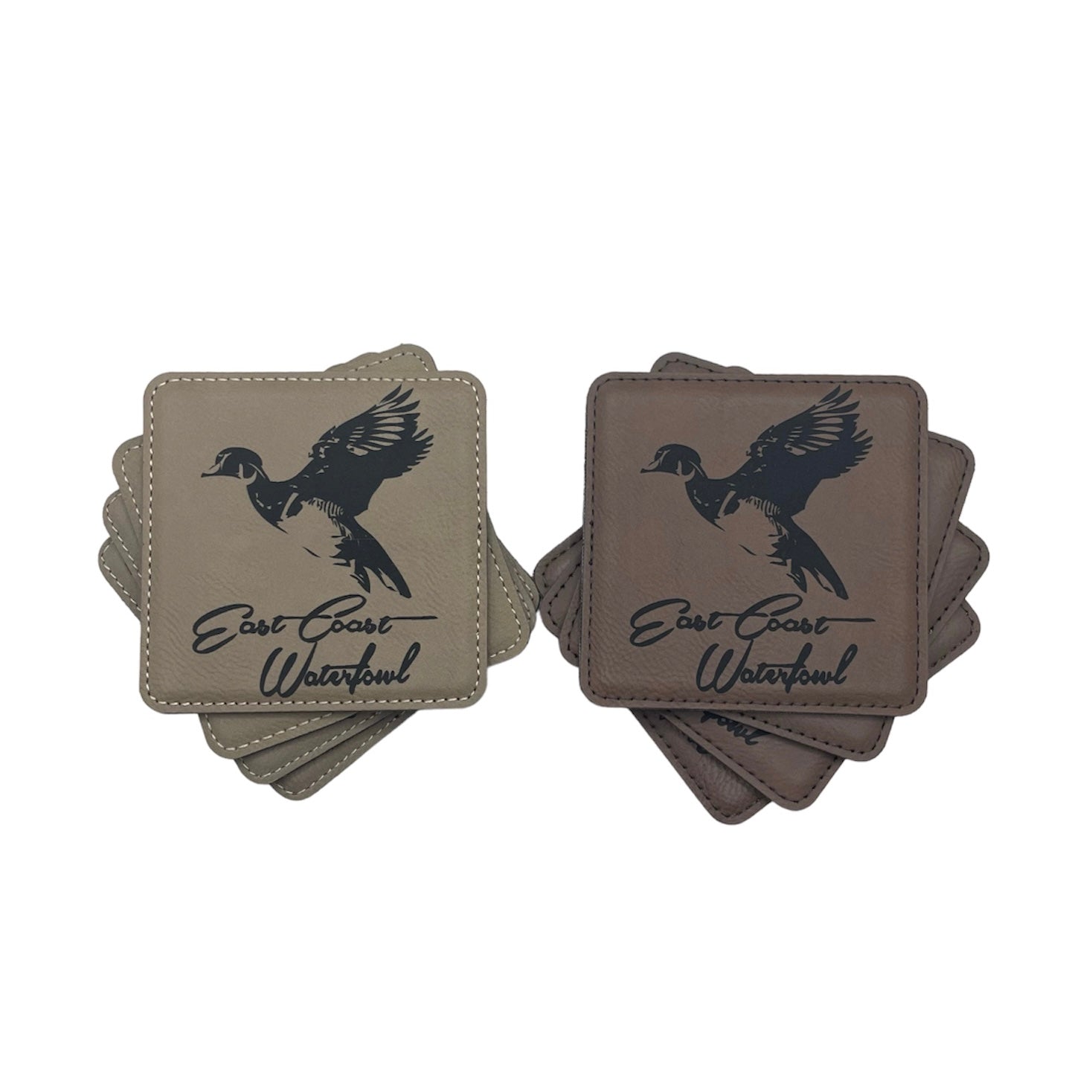Square drink coasters with ECW logo and duck