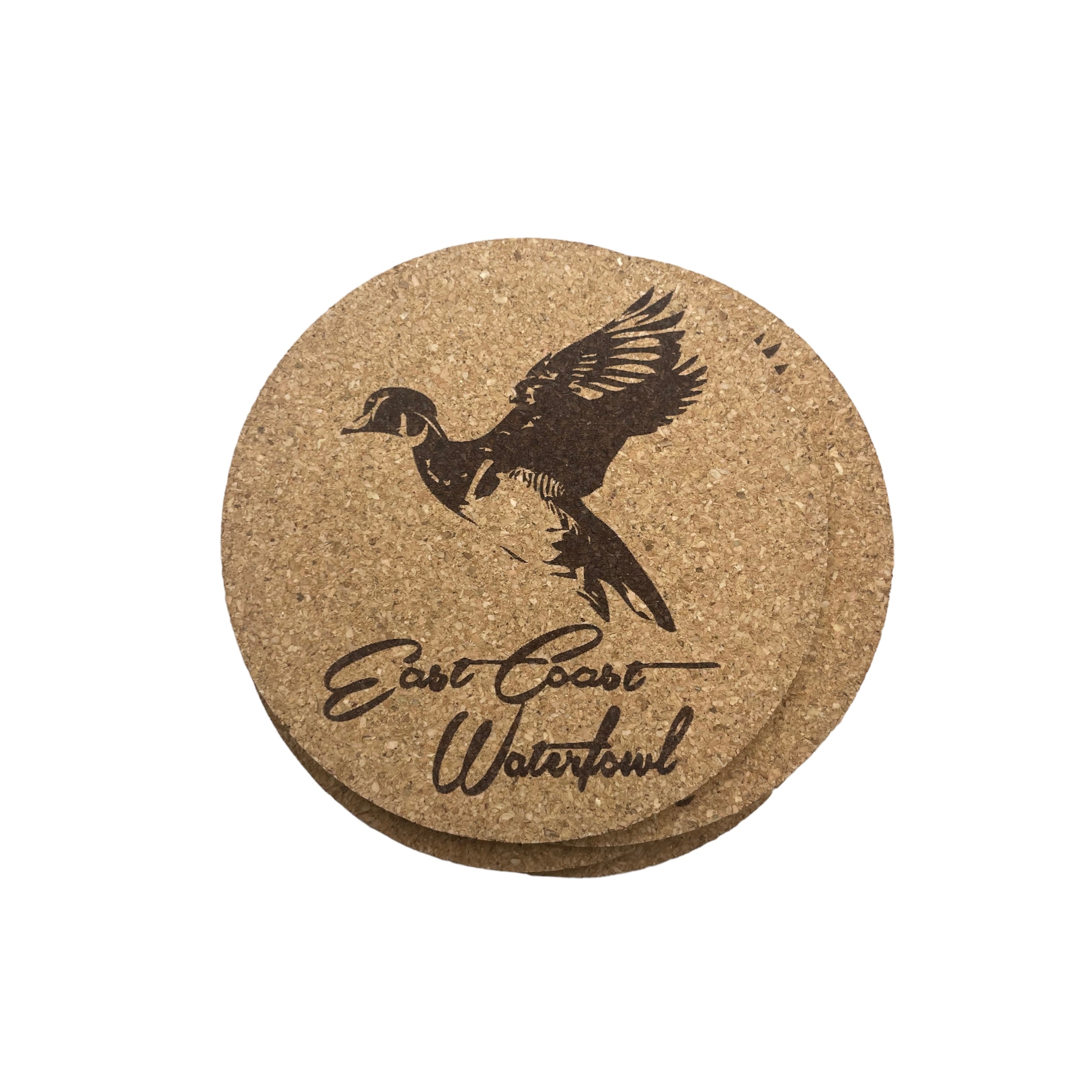 Round drink coasters with ECW logo and duck