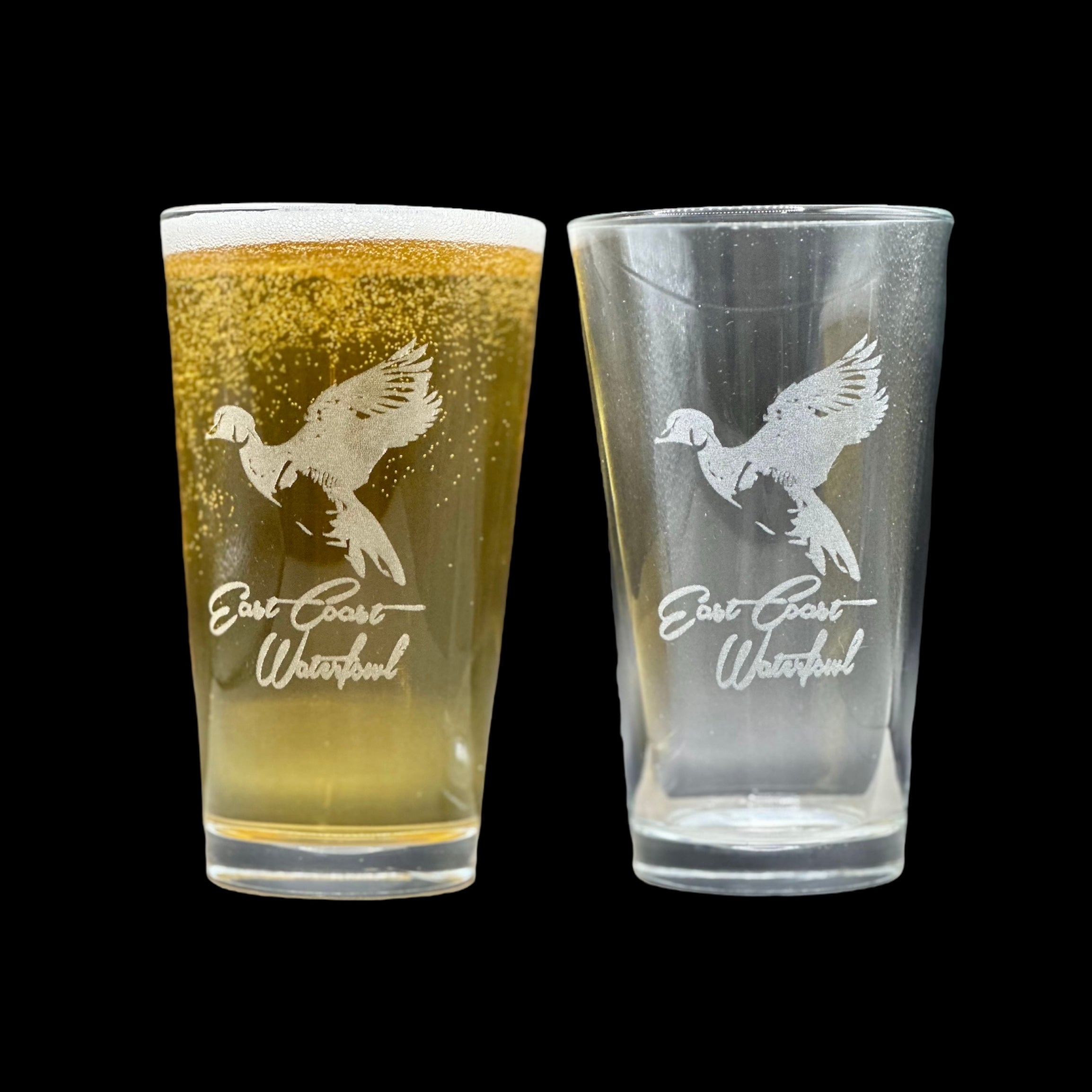 Beer glasses with ECW logo and duck etched