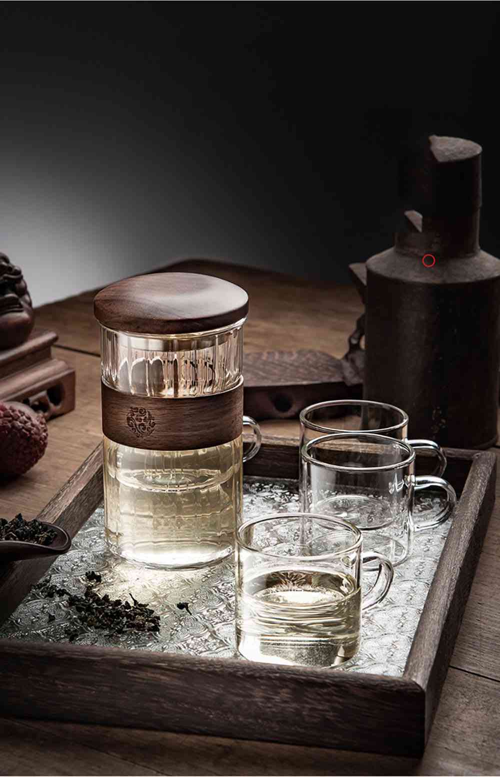 Ensemble tasse à thé en verre avec couvercle en noyer et plateau en Paulownia