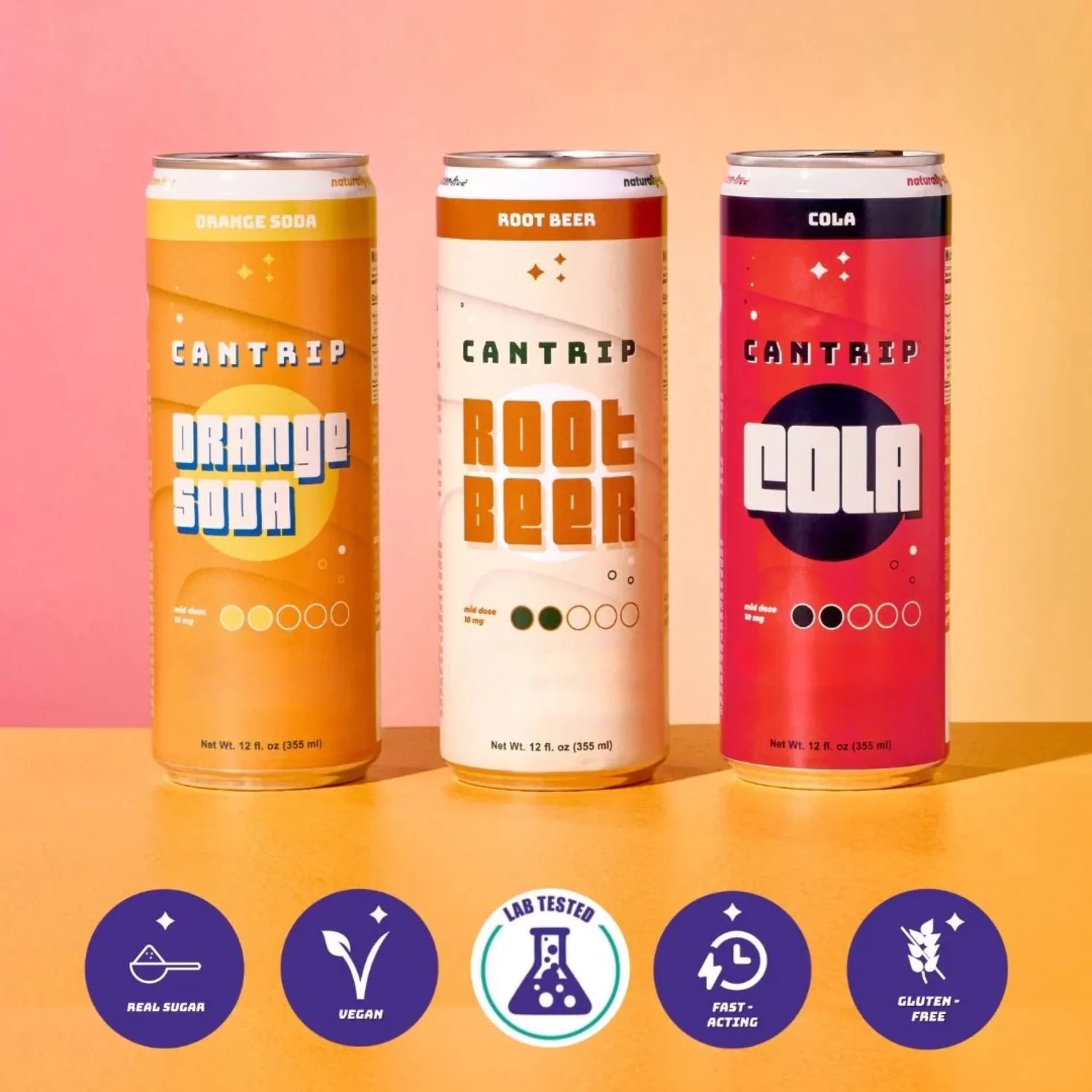 Three cans of Cantrip soda: Orange, Root Beer, and Cola, with product benefits icons below.
