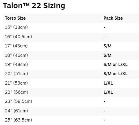 Talon 22 torso size chart