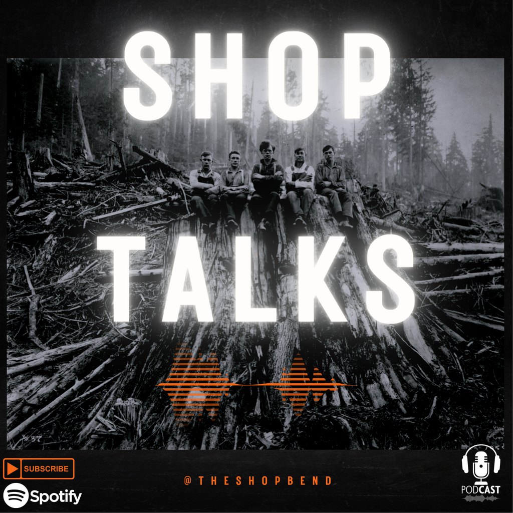 Shop Talks Forestry Podcast Shopify Recording guys talking with chainsaw and beers