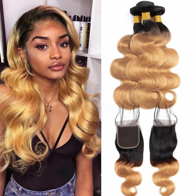 3 Bundles 1B/27 Color With Closure Ombre Straight Hair Weaves With Rem