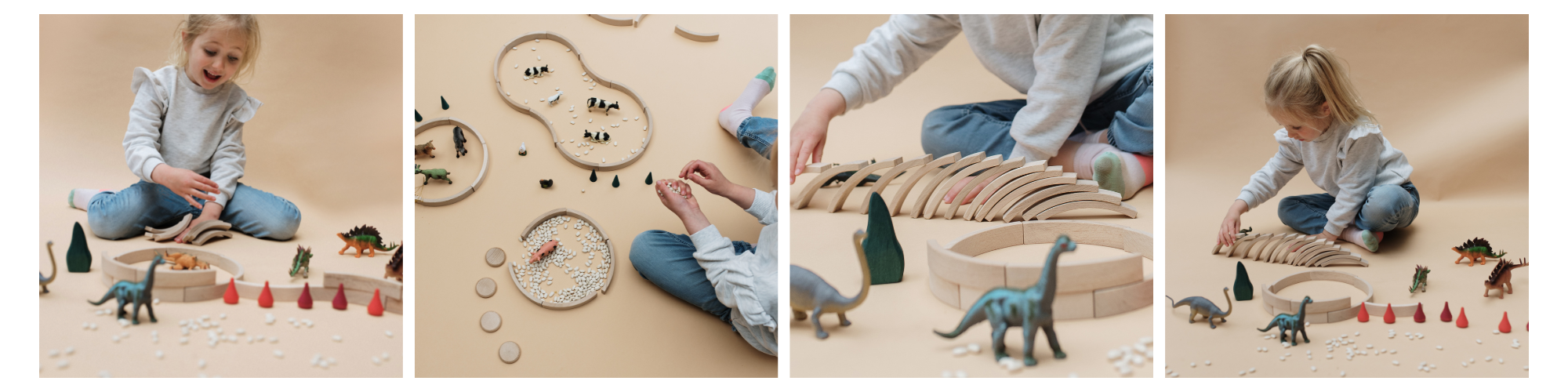 Kind spielt mit Dino Figuren und Holzbausteinen