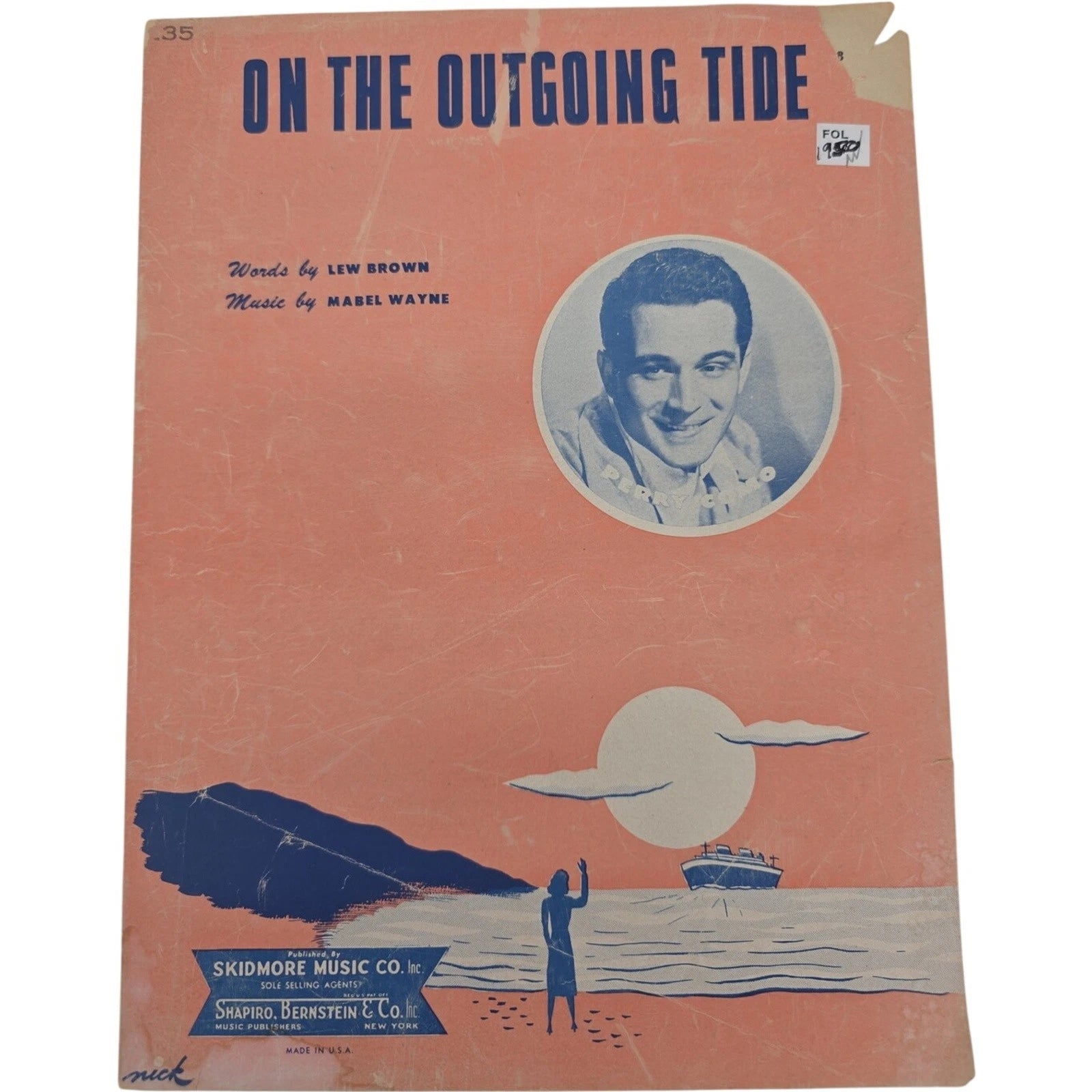 1950 On the Outgoing Tide 1941 Sheet Music by Lew Brown & Mabel Wayn Perry Como