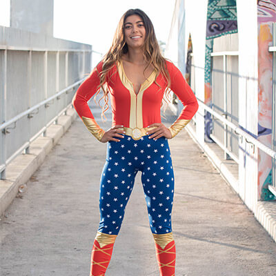 image of model wearing superhero wonder lady costume