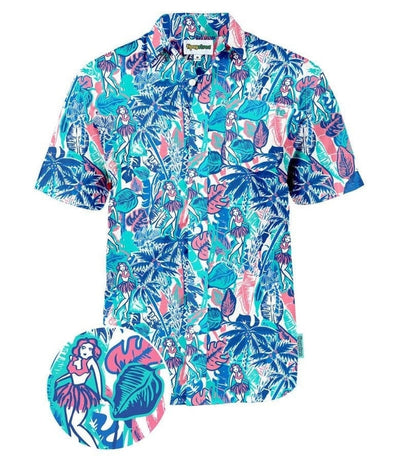 KY'S Wahiawa Tropical Navy Blue Cotton Men's Slim Fit Hawaiian Shirt , M