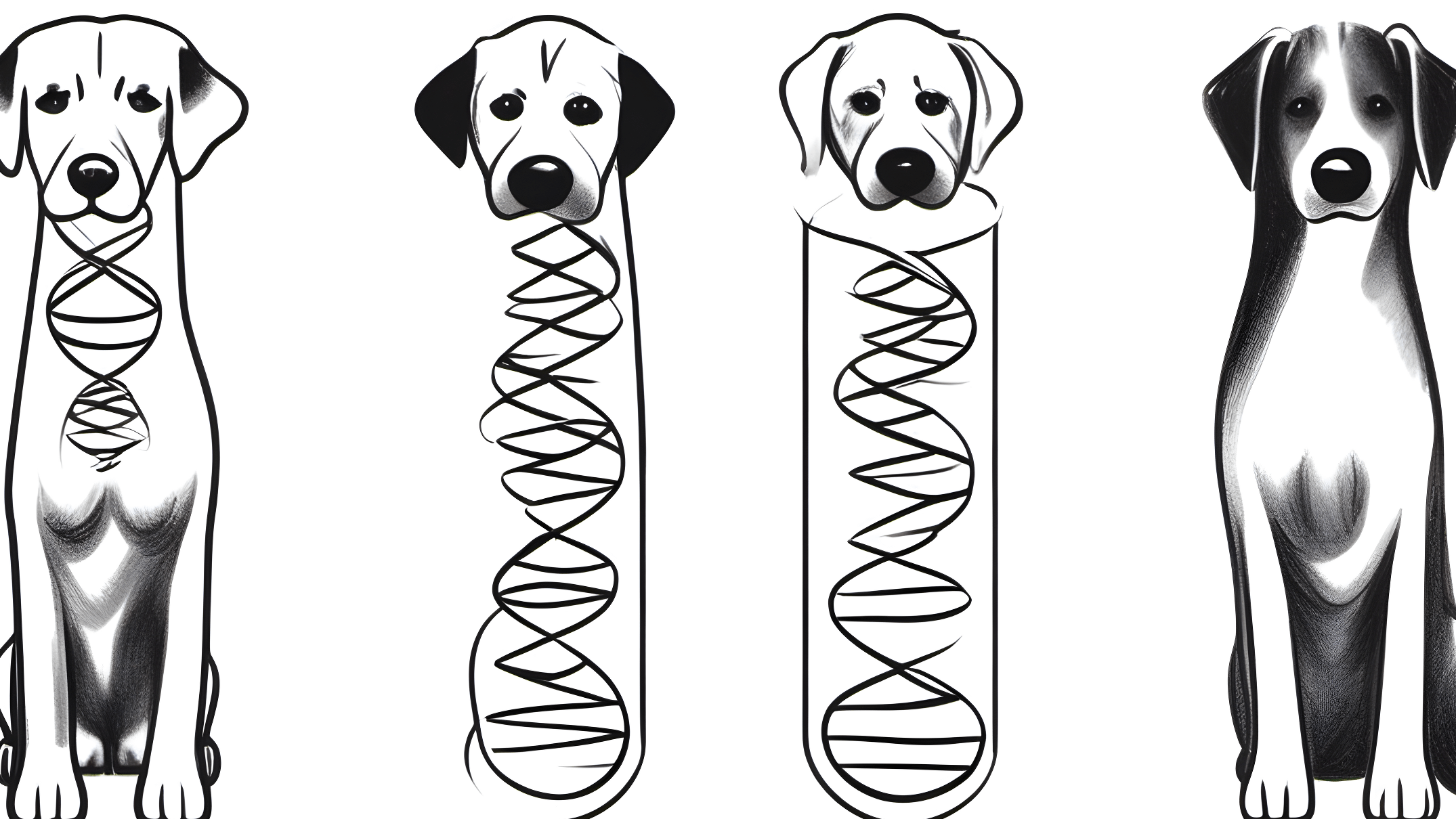 A DNA double helix alongside images of short-haired and long-haired Labradors, symbolizing the genetic factors that determine their coat types