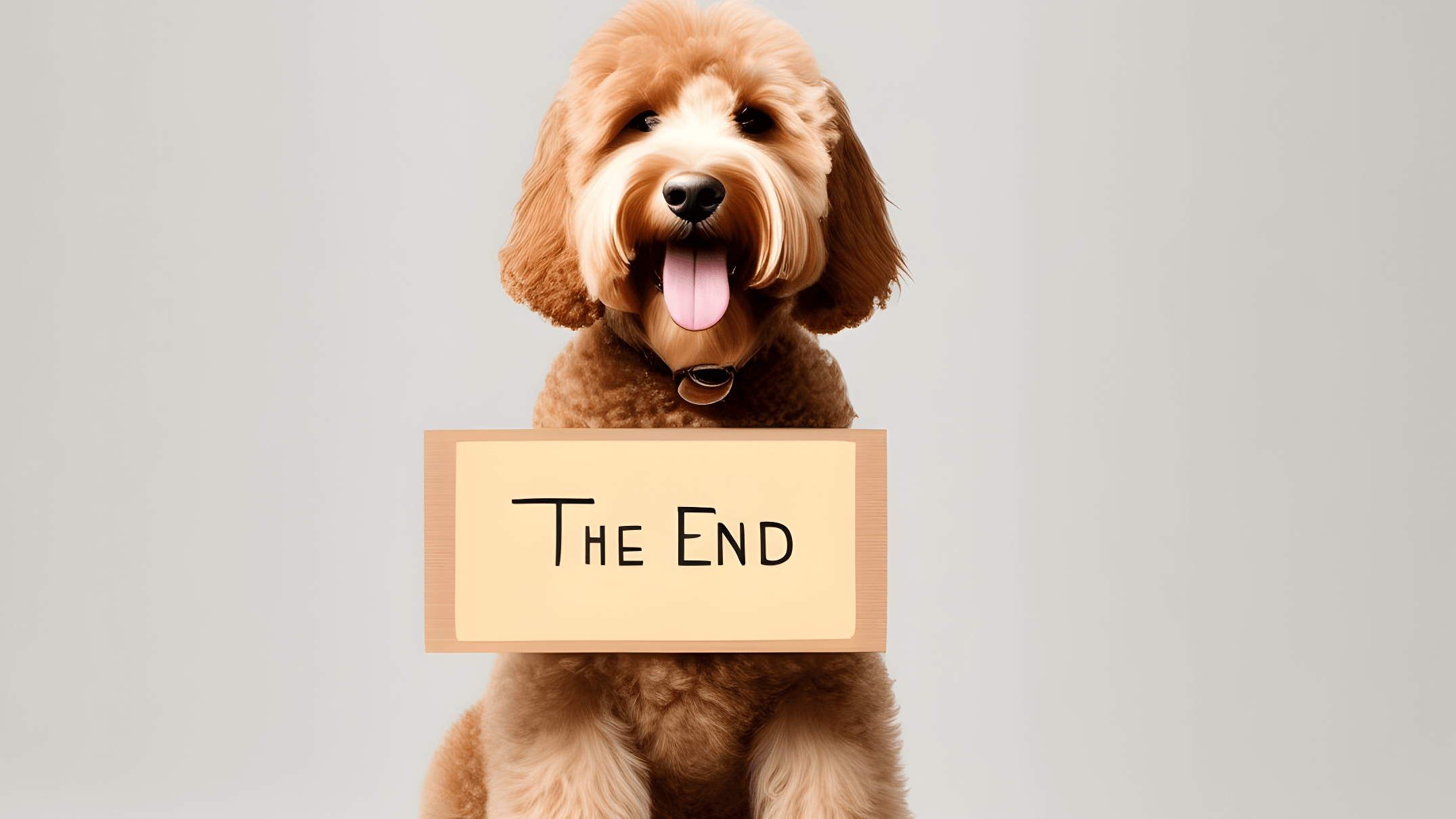 Labradoodle holding a sign that says 'The End'