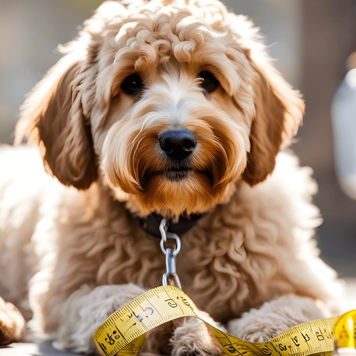 Labradoodle beside measuring tape with pet accessories