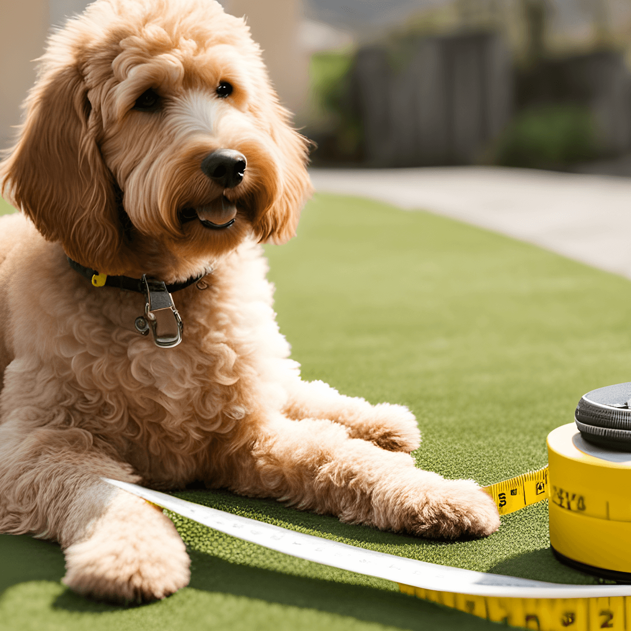 Labradoodle sitting with a tape measure