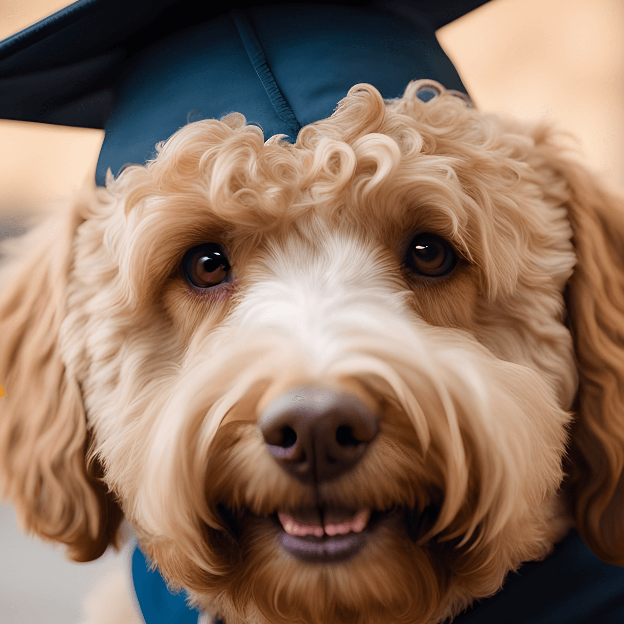 Labradoodle in a graduation cap