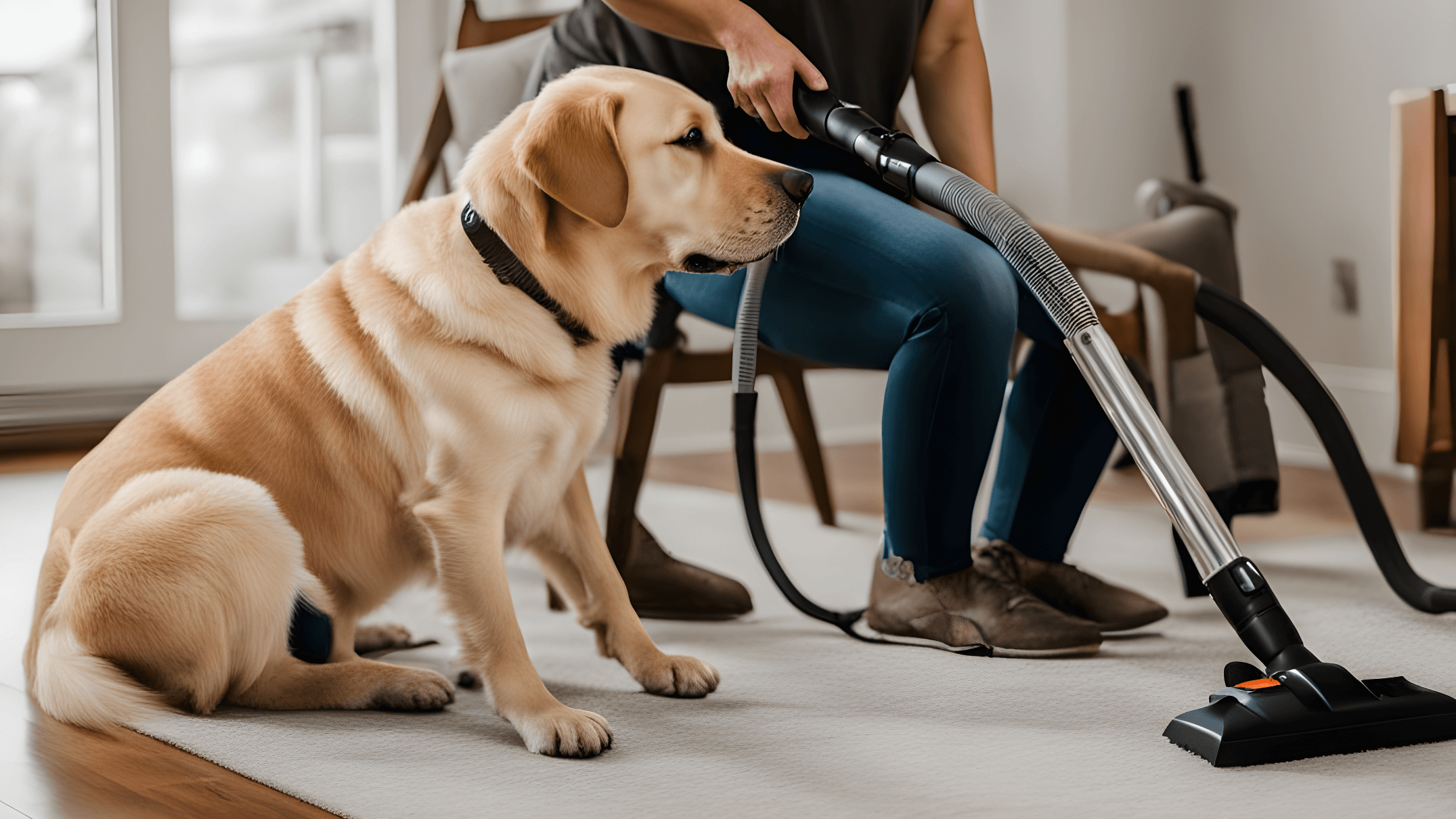 A Labrador Retriever sitting calmly while its owner vacuums around it