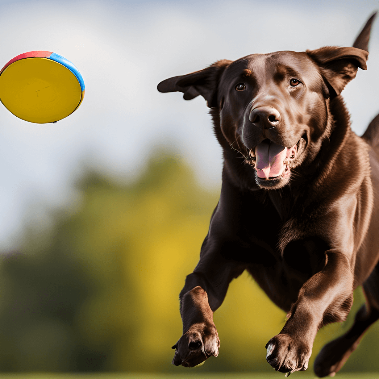 A gleeful English Chocolate Lab catching a flying disc in mid air showcasing agility and athleticism