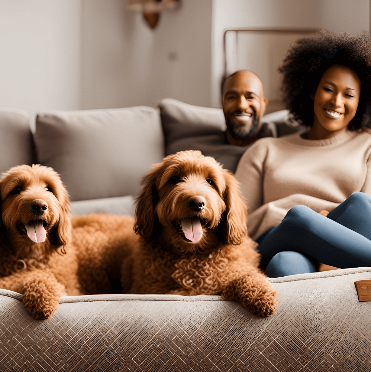 Family with a Labradoodle in a living room
