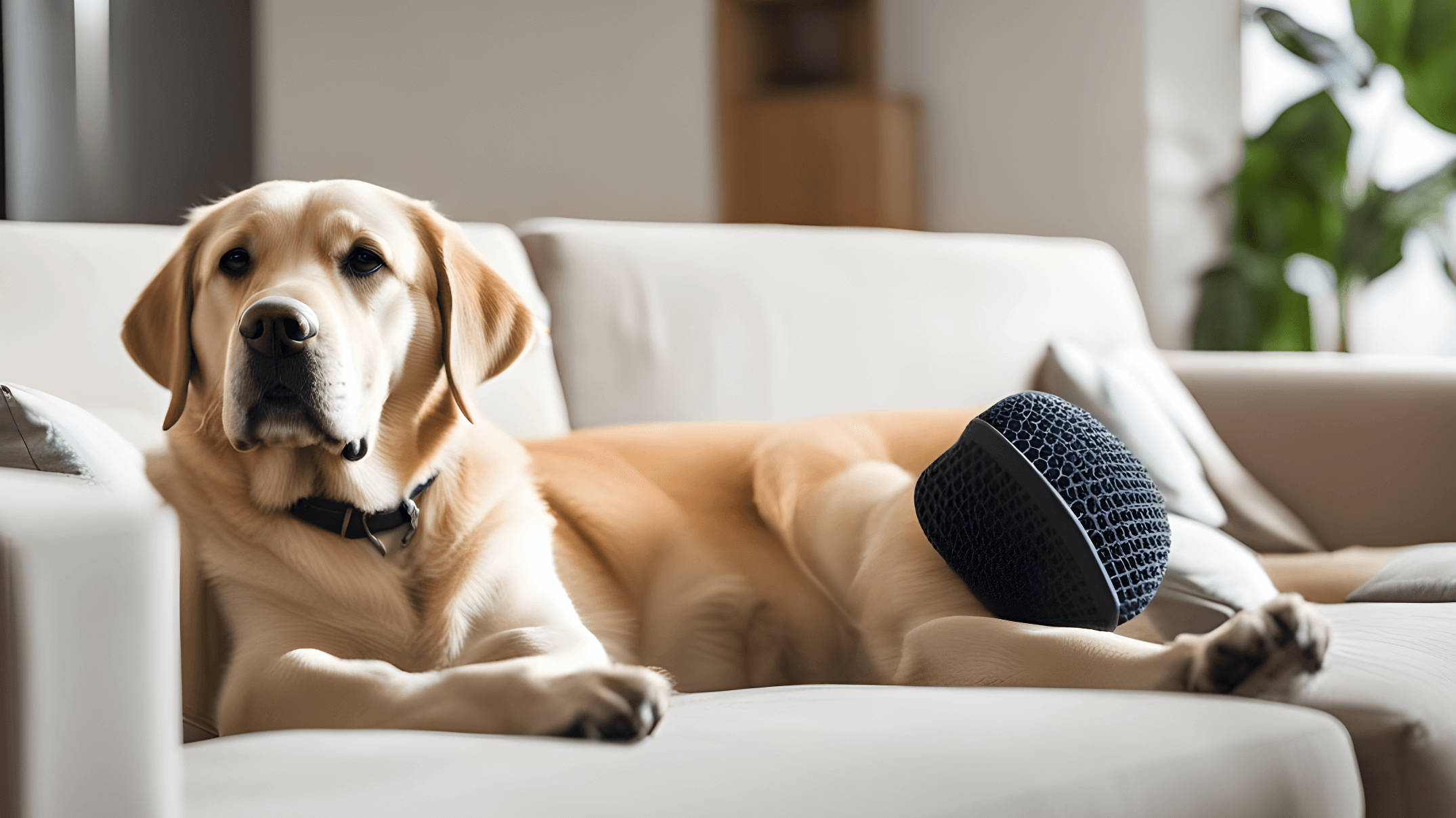 A relaxed Labrador Retriever enjoying life on a pet-friendly couch surrounded by air purifiers and hypoallergenic cushions