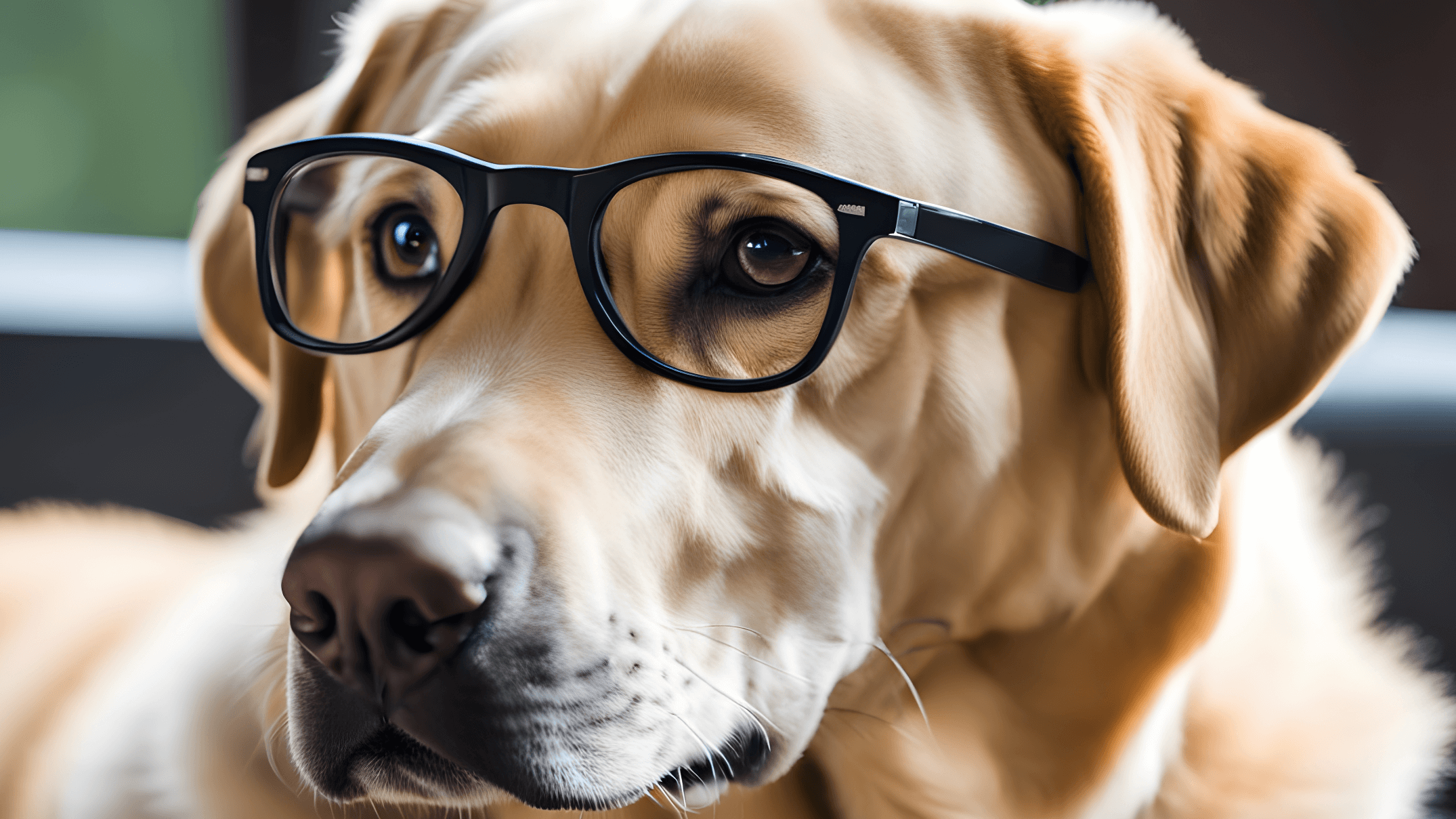 A smart-looking Labrador Retriever wearing reading glasses, ready to dive into FAQs