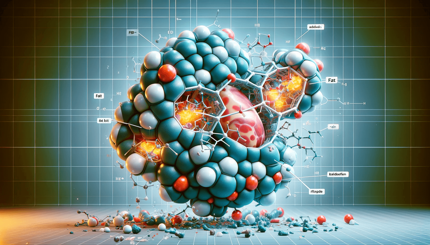 A 3D model of a fat molecule being broken down, illustrating the science of fat burning