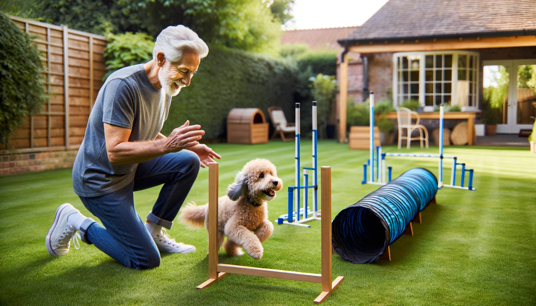 Baby Boomer and a Mini Goldendoodle engaged in a fun bonding training session in a backyard with agility equipment like tunnels and weave poles.