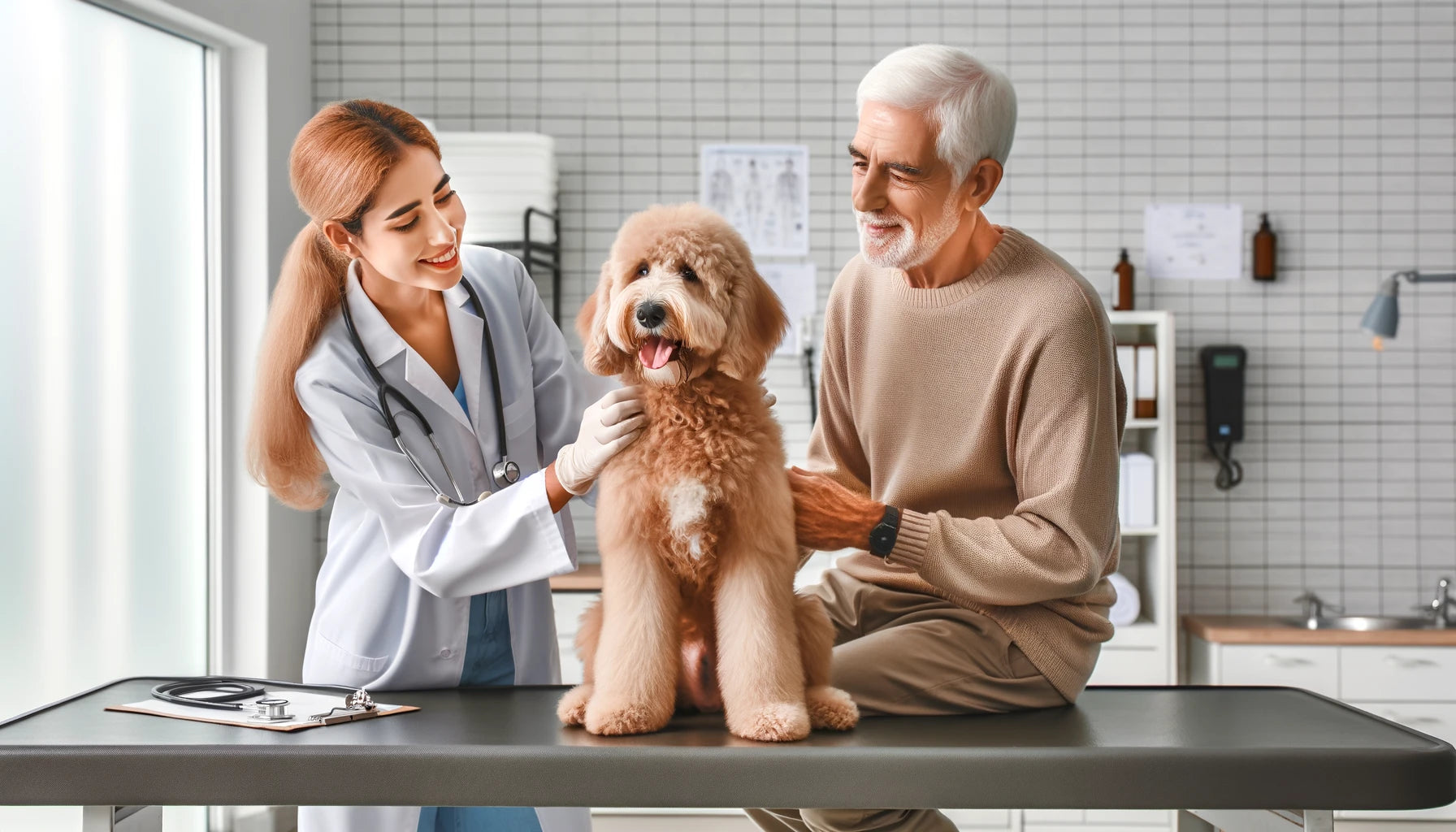 Baby Boomer and their Mini Goldendoodle visiting the vet for a check-up, emphasizing the importance of preventative health care in ensuring a long healthy life.