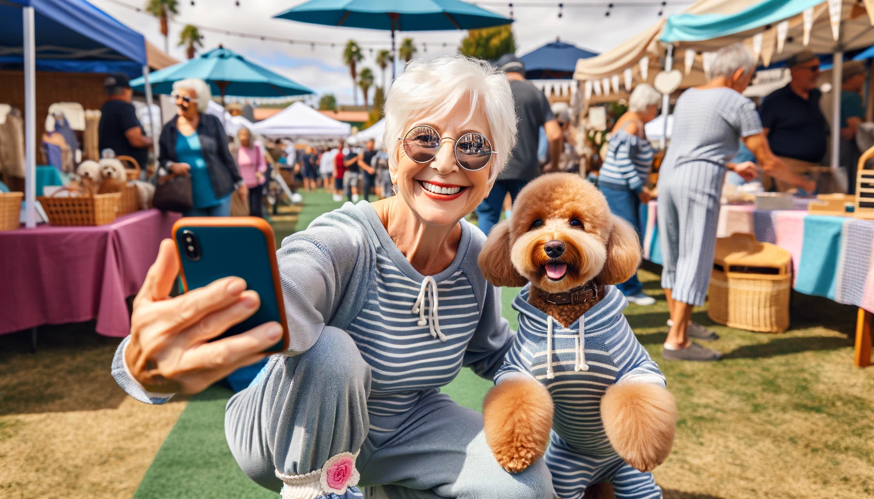 Baby Boomer taking a selfie with their Mini Goldendoodle at a community event, both wearing matching outfits emphasizing the breed's popularity.