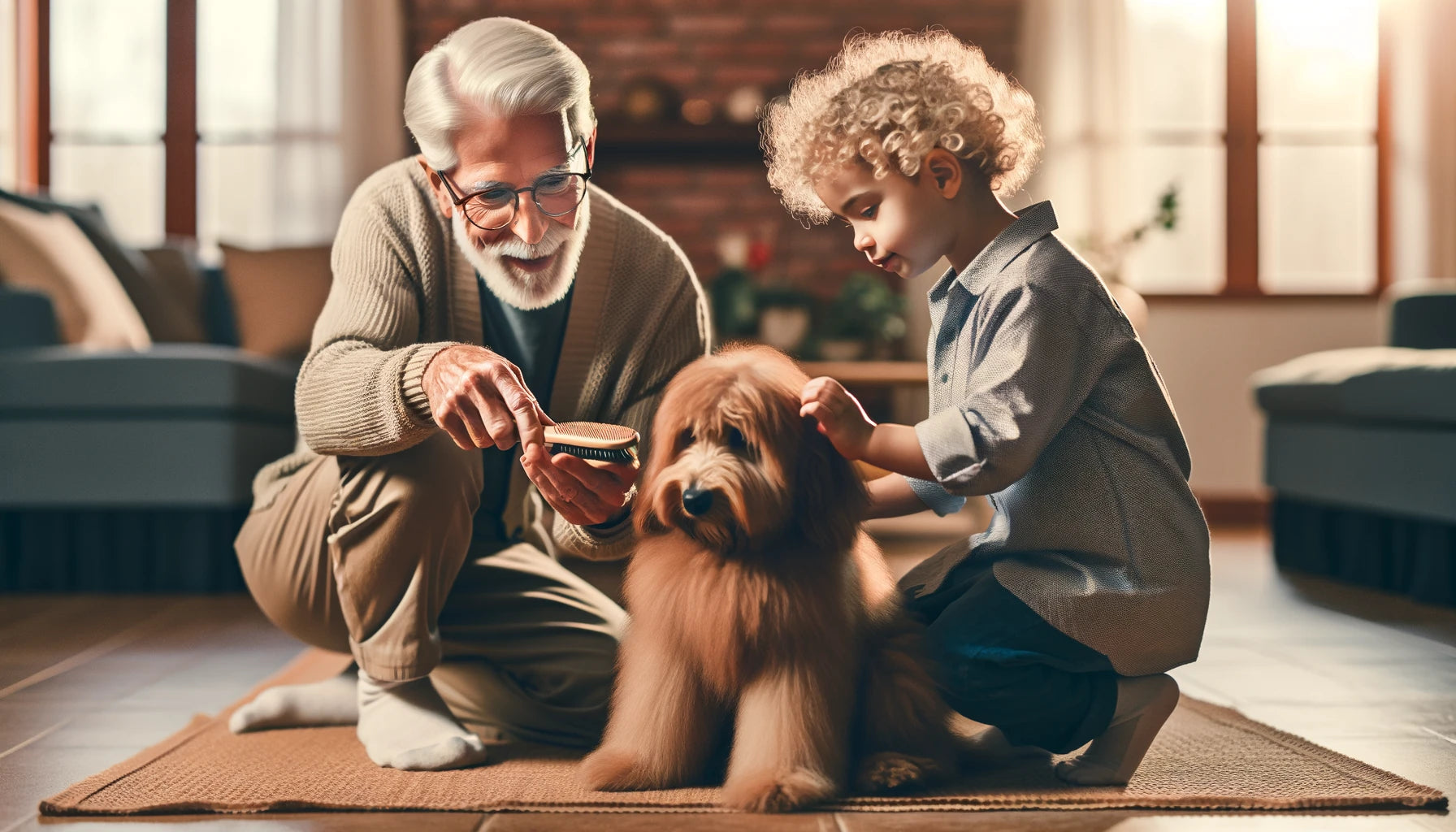 Baby Boomer teaching their grandchild how to care for their Mini Goldendoodle, passing on values of responsibility and compassion.