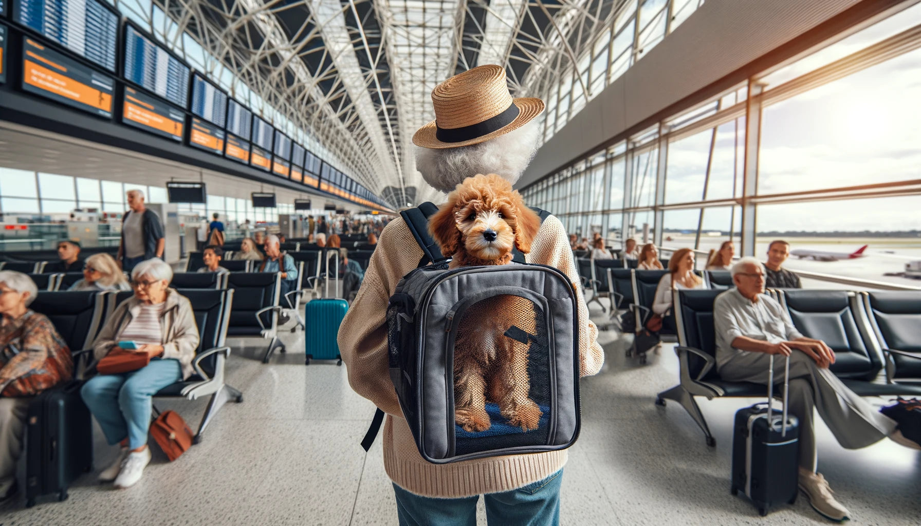Baby Boomer traveling with their Mini Goldendoodle in a pet carrier at an airport, showcasing the breed's travel-friendly size and demeanor.