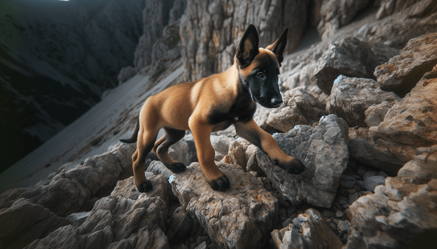 Rare Black Belgian Malinois puppy exploring rocky terrain, indicative of the breed's versatility, with a blend of black and fawn colors.