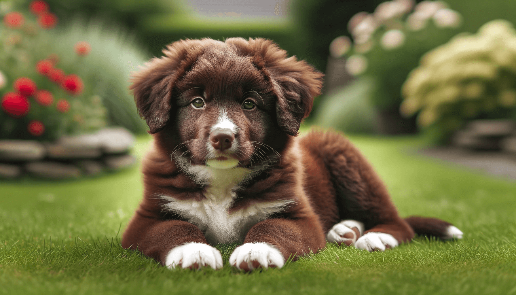 Borador Border Collie Lab Mix puppy lying contently on lush green grass. The puppy should have a chocolate brown coat with softness of youth.