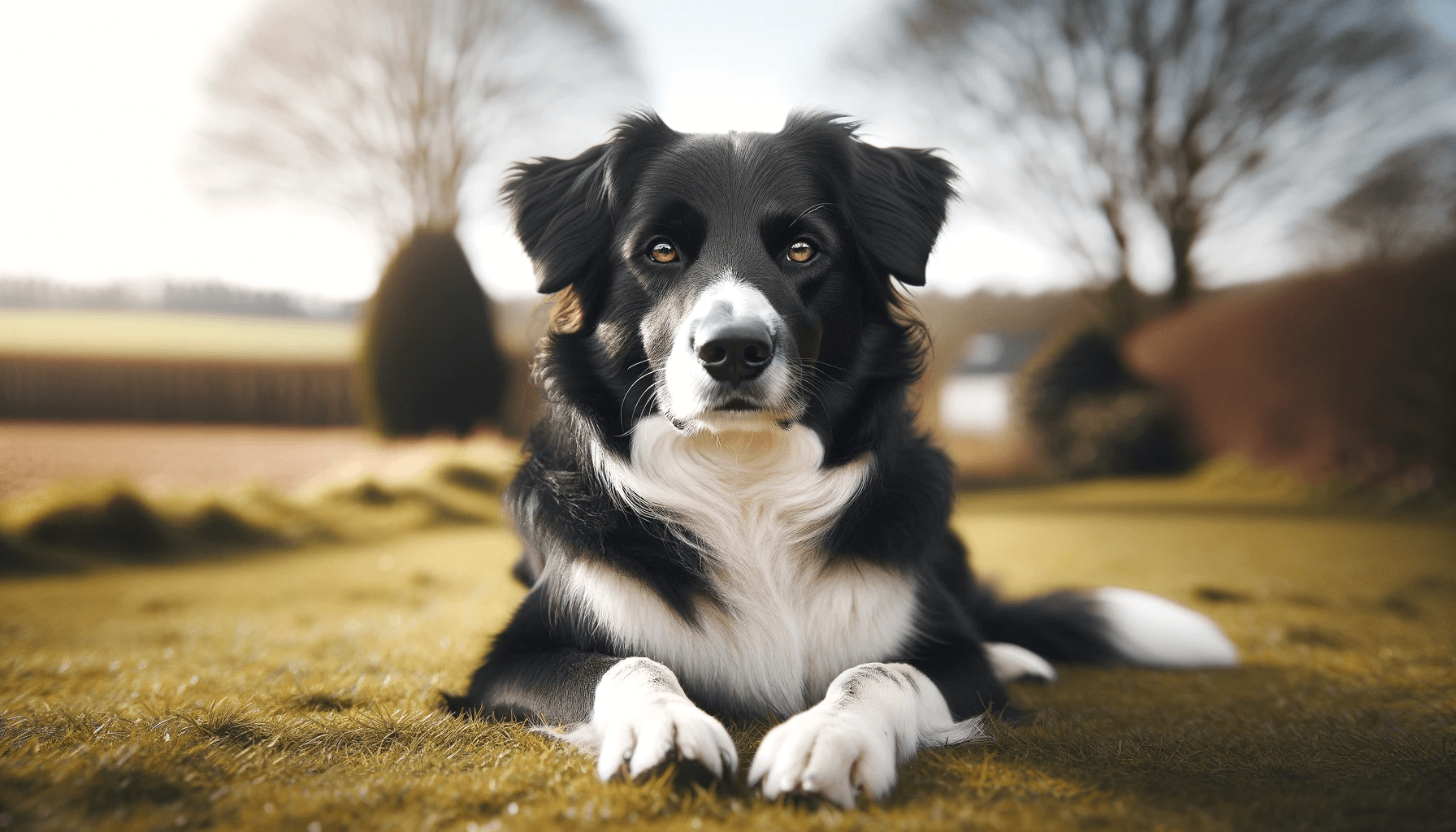 Borador Border Collie Lab Mix with a calm and confident expression lying on a grassy field. The dog's relaxed posture and attentive eyes reflect its temperament.