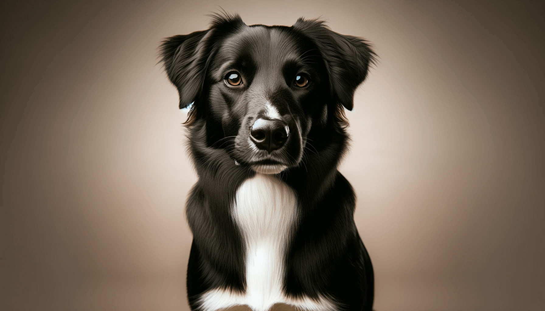 Borador Border Collie Lab Mix with a sleek black coat and a white chest, a classic Lab feature. The dog is sitting attentively with bright, eager eyes.