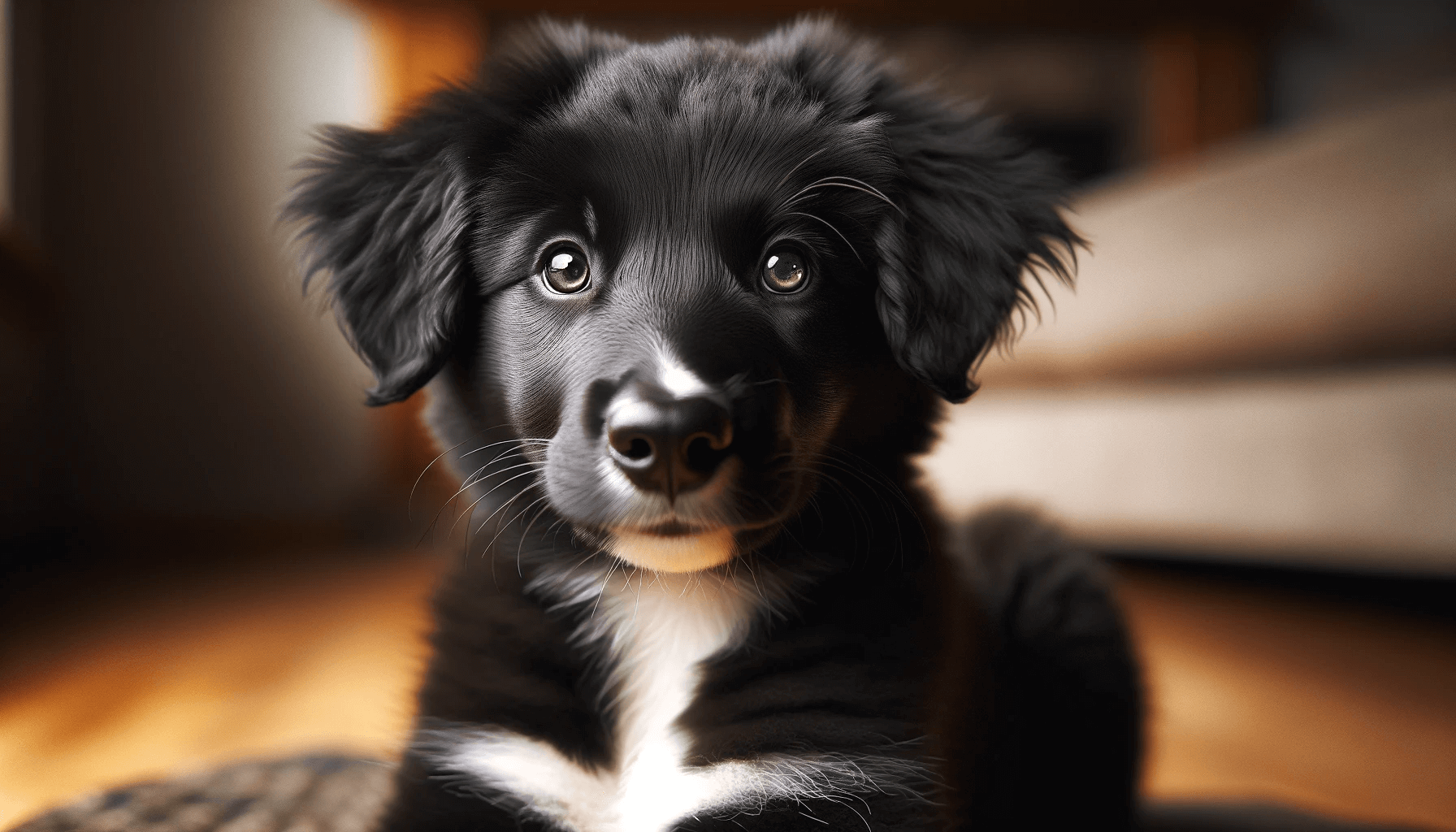 Borador Puppy Border Collie Lab Mix with an adorable expression, sporting a black coat with a distinctive white patch on the chest.