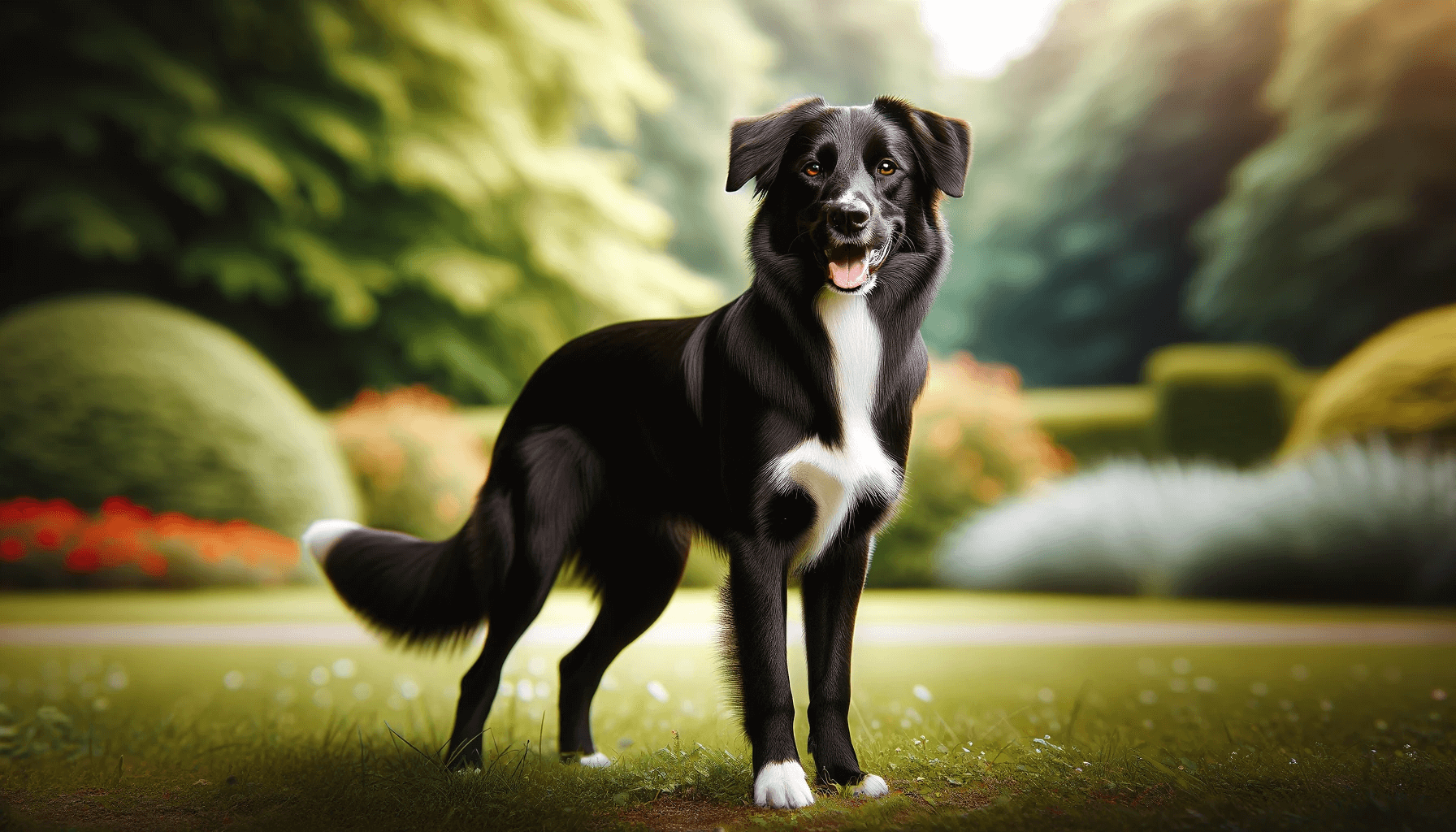 Borador Border Collie Lab Mix with a glossy black coat and a prominent white blaze on the chest. It's posed in a natural setting, suggesting a happy demeanor.