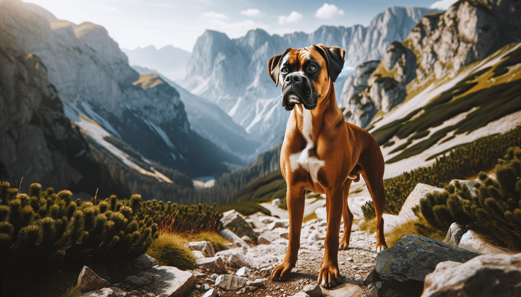 Adventurous Boxador (Boxer Lab Mix) standing on a rocky mountain trail with a scenic view in the background during a hiking adventure