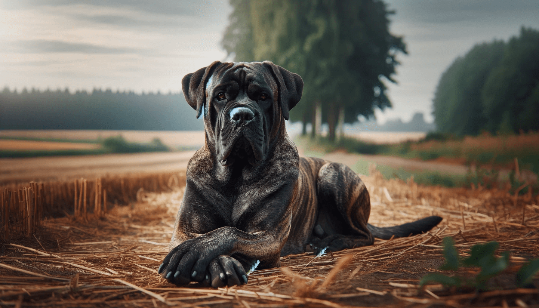 A Brindle Cane Corso dog peacefully lying down with its front paws crossed in a rural setting, embodying relaxation and tranquility.