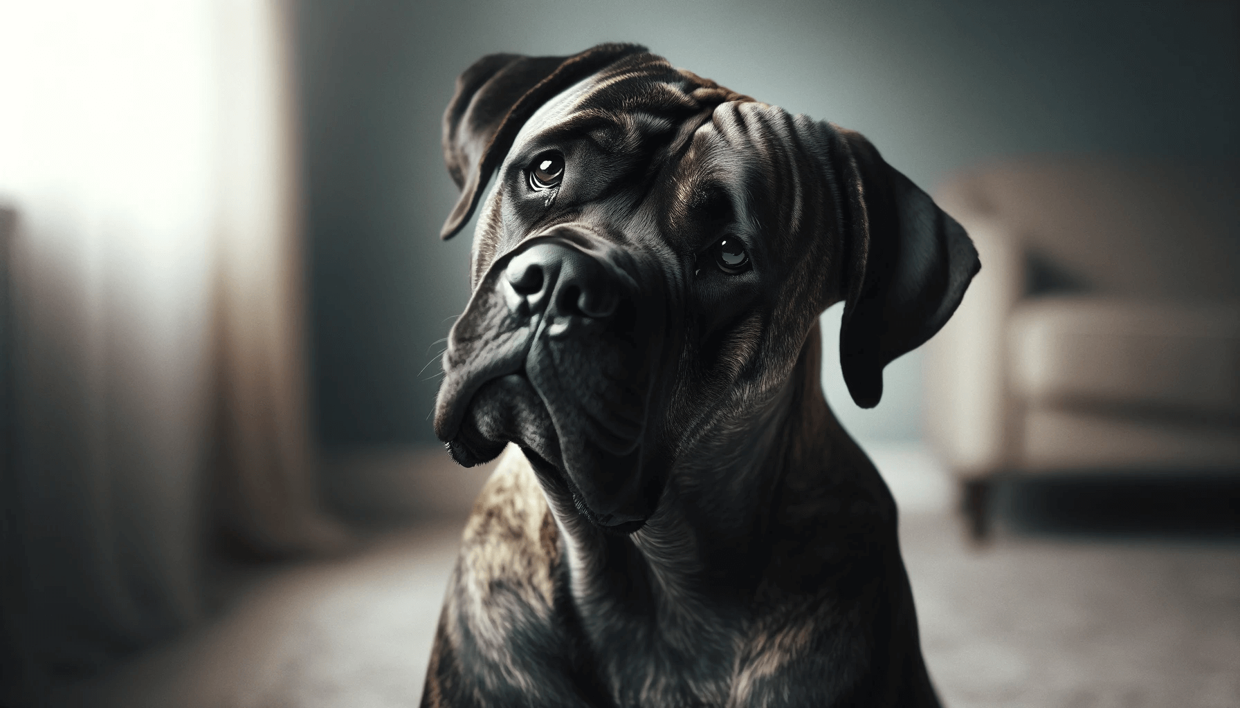 A Brindle Cane Corso with a head tilt and a thoughtful expression, as if contemplating deeply, displaying its inquisitive nature.