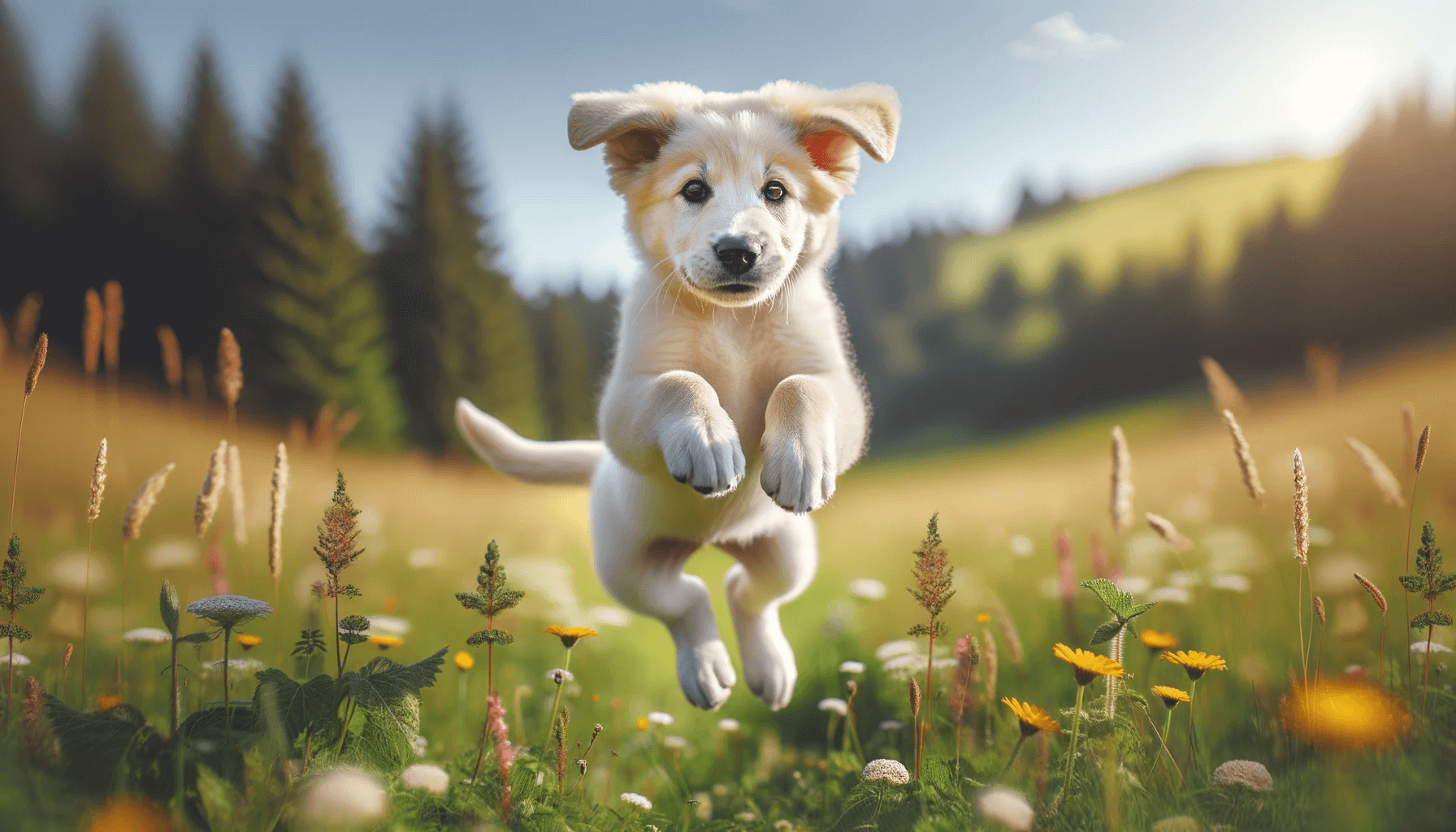 A Great Pyrenees Lab Mix puppy doing a playful leap in a meadow - pure joy