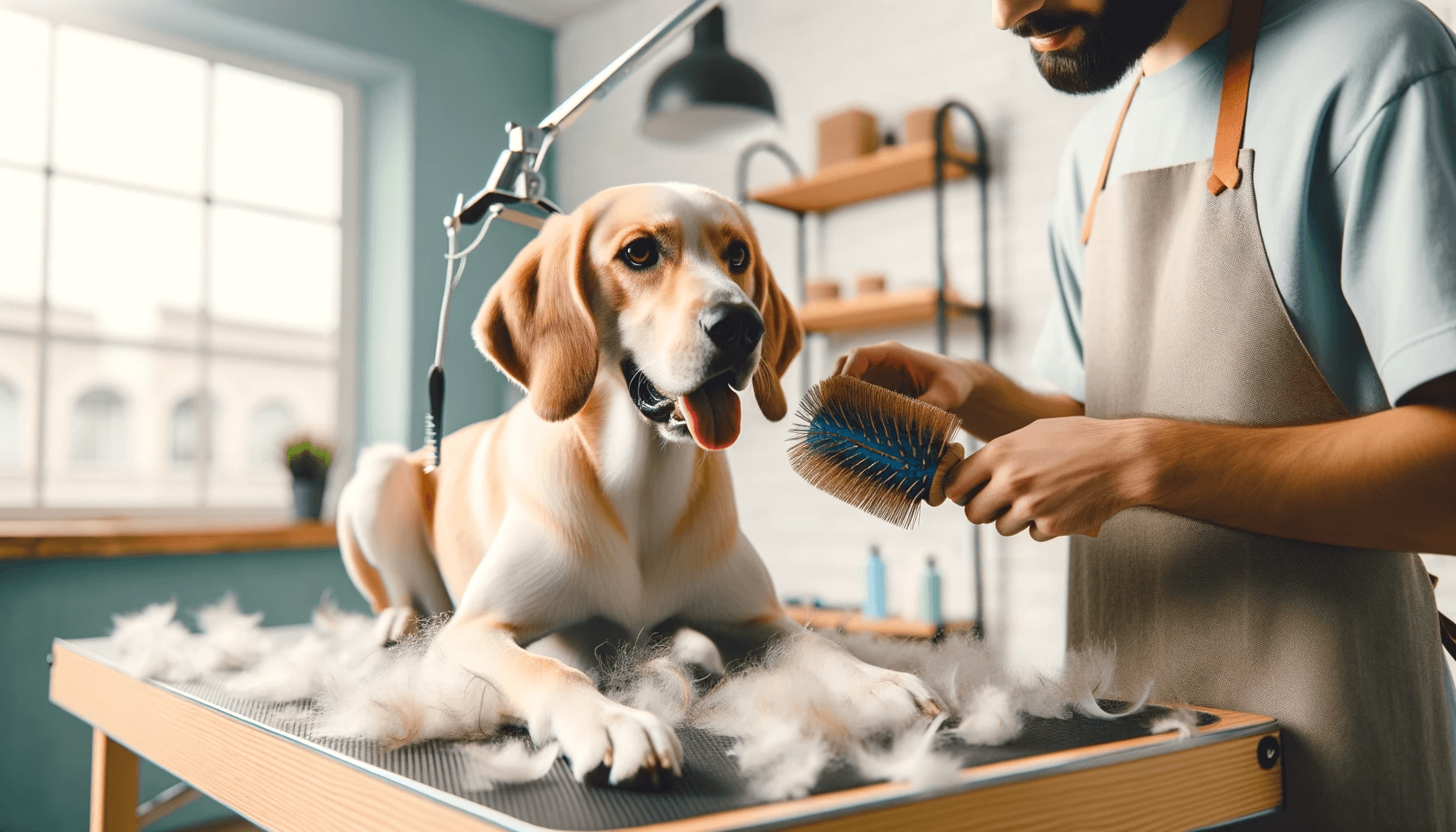 A Lab Hound Mix being groomed, the brush filled with loose fur