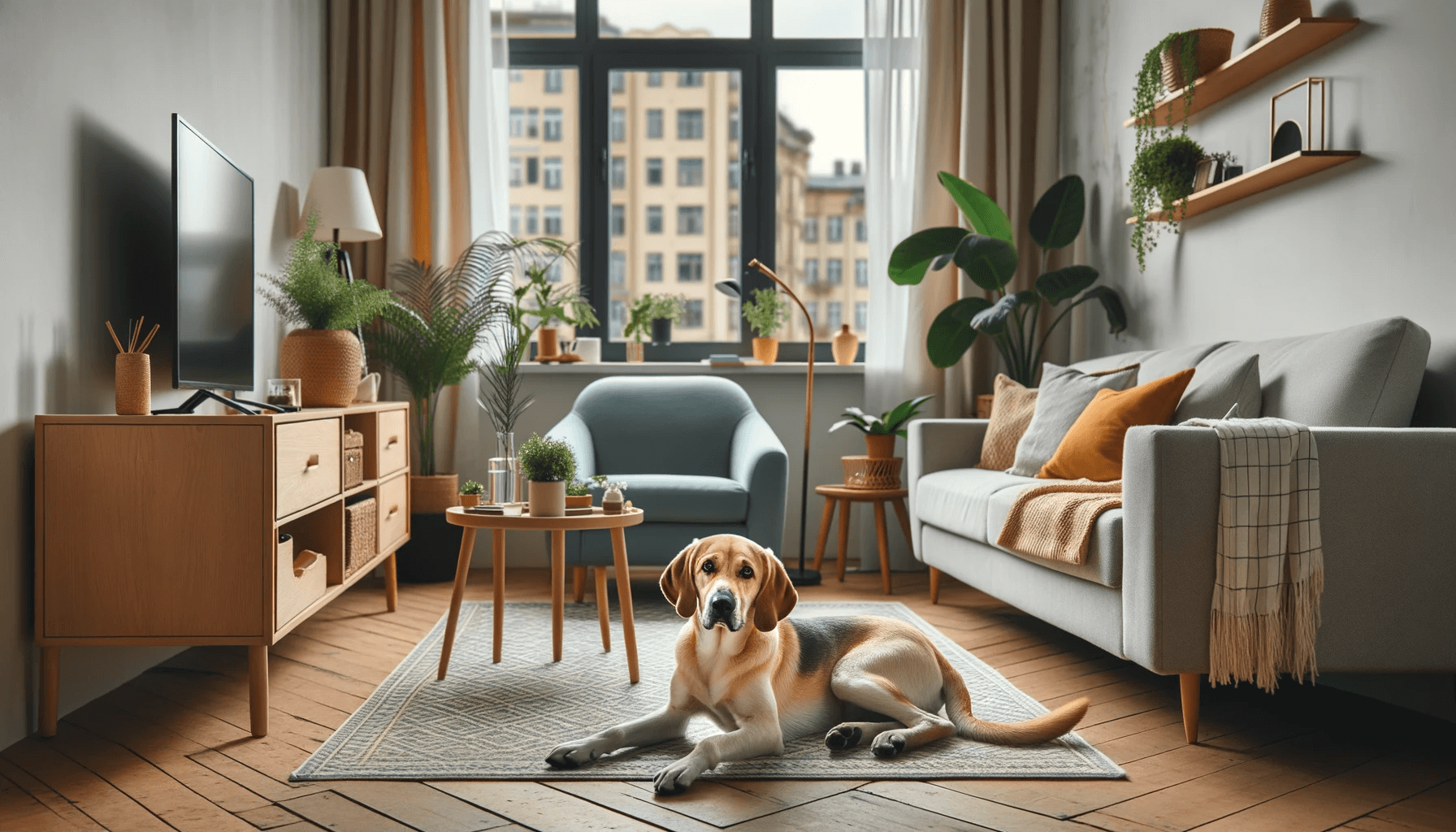 A Lab Hound Mix comfortably lounging in a small apartment setting, looking completely at ease